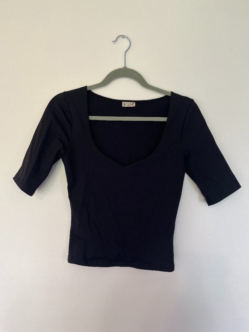 Free People Black Low Cut Short Sleeve Top
